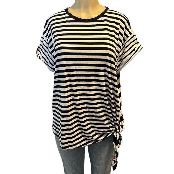 Chaps Side Ties Short Sleeve Black and White Striped Top Size Large​​​​ - Picture 2 of 15